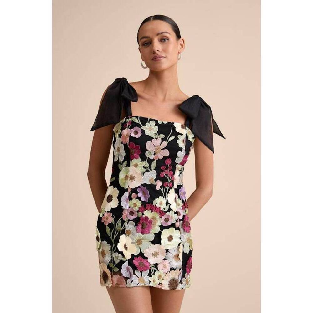 Lulus Emphatically Adorable Black Floral Tie-strap Mini Dress - Size S